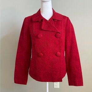 Talbots Double Breasted Pea Coat Red Floral Brocade